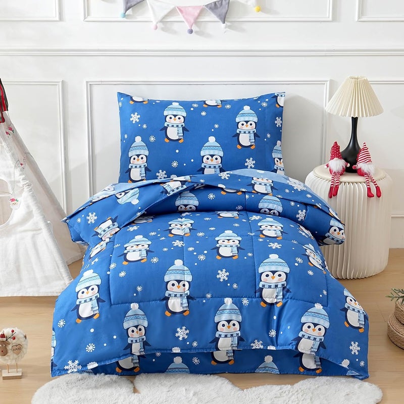 JSD Christmas Toddler Bedding Set, 4 Piece Blue Penguin Snowflakes Bed-in-Bag Comforter Sheet Set, Machine Washable - Image 1